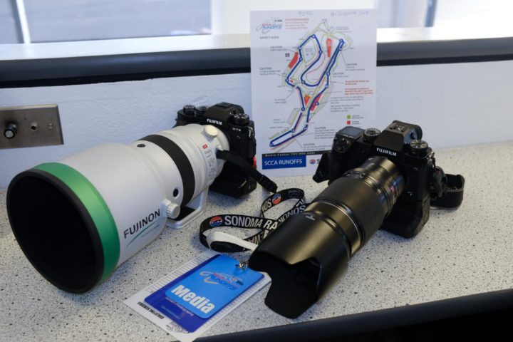 The Fujinon XF200mm f/2.0 LM OIS WR mounted on the new Fujifilm X-T3. Note it sits perfectly balanced on the tripod foot on my desk in the Sonoma Raceway John Cardinale Media Center. My Fujfilm X-H1 and XF50-140 f/2.8 LM OIS WR sits nearby, both ready for action.